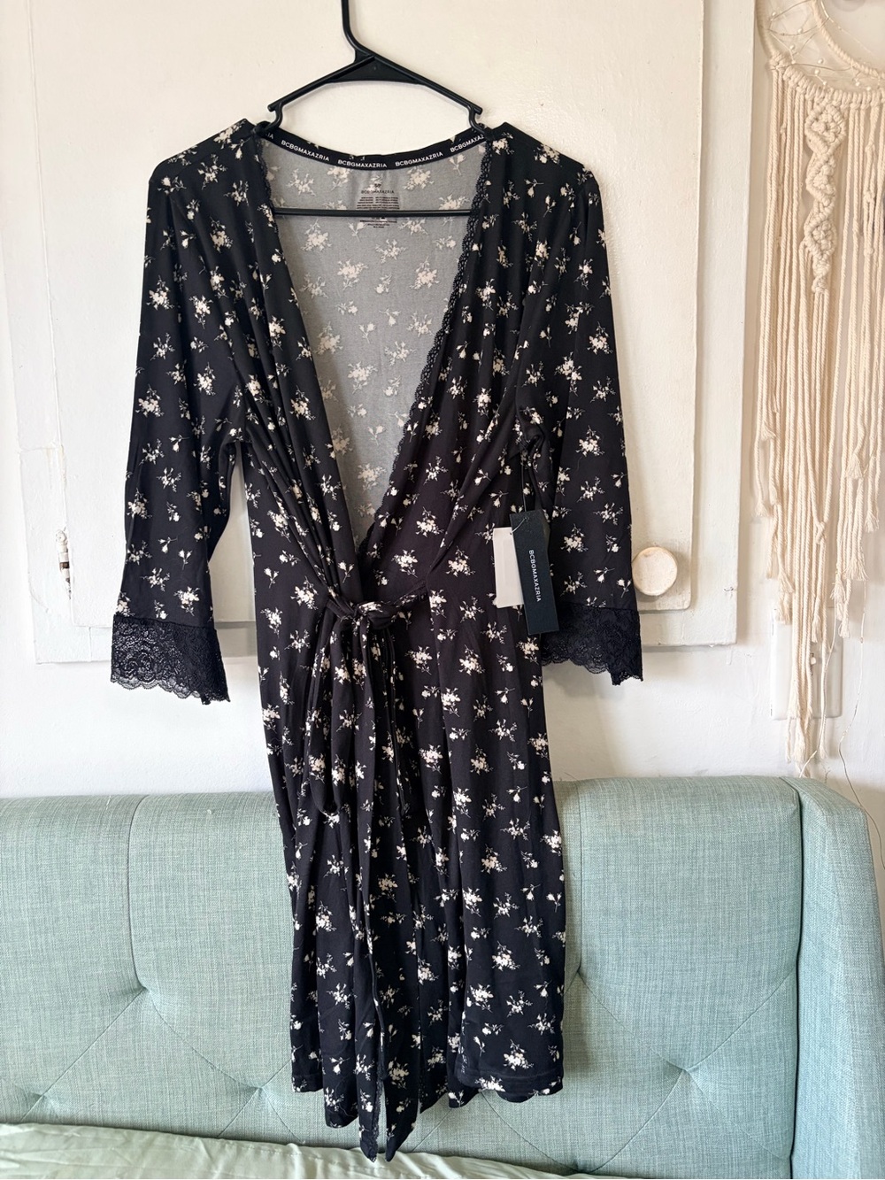 BCBGMaxAzria Black Floral Lace-Trim Wrap Robe/Dress